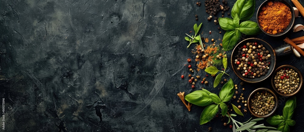 Poster various herbs and spices on dark background. with copy space image. place for adding text or design