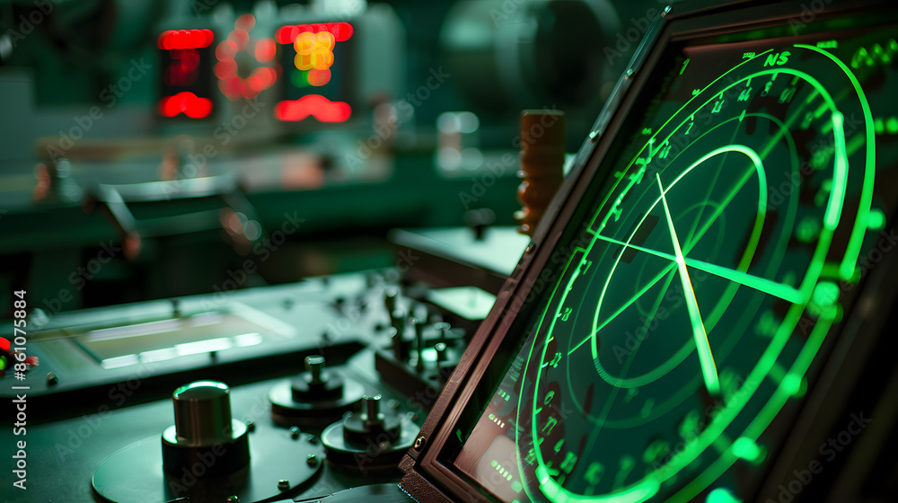 Aufkleber radar screen with green display indication on a captains bridge of modern ship : generative ai