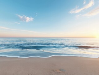 Fototapeta premium Serene Beach at Sunset with Calm Ocean and Sandy Shore
