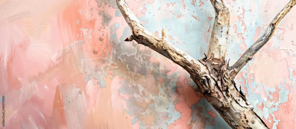 Poster dry branch of a tree on an isolated pastel background with cracked bark and patina. wooden bark. wit