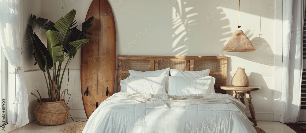 Wall mural comfortable bed with soft linens and sup surfing board on light wall in room. with copy space image.