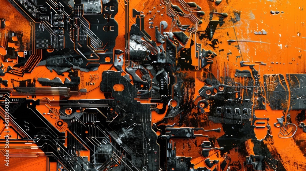 Poster the image is an abstract painting with bright orange and black colors. it looks like a bunch of smal