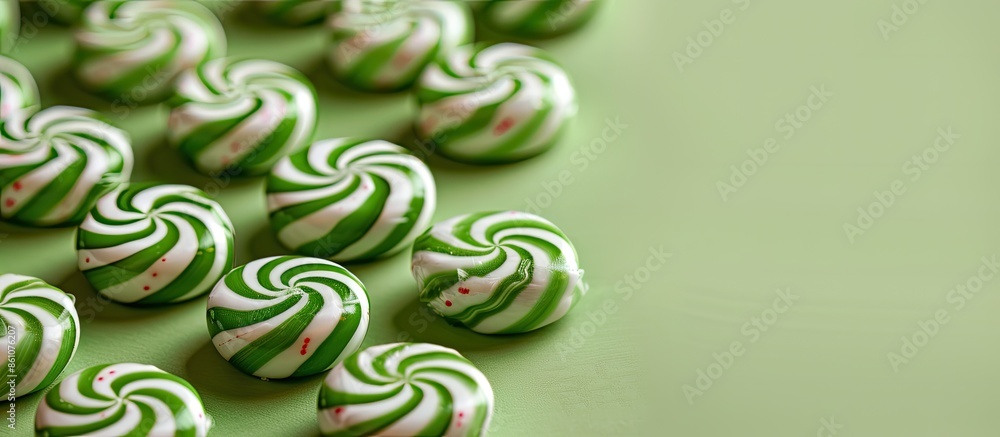 Poster green swirl peppermint candies over pastel background. with copy space image. place for adding text 