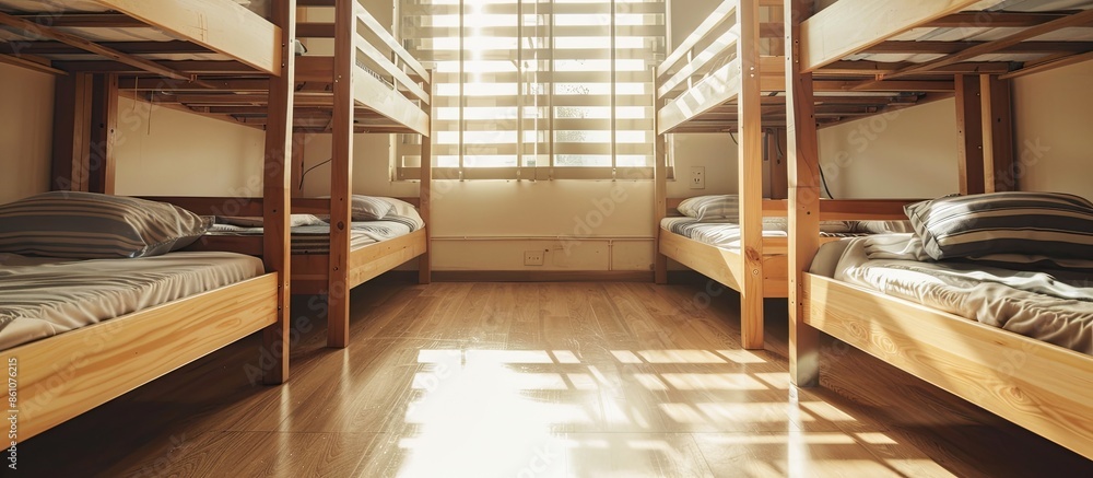 Poster Hostel dormitory beds arranged in room. with copy space image. Place for adding text or design