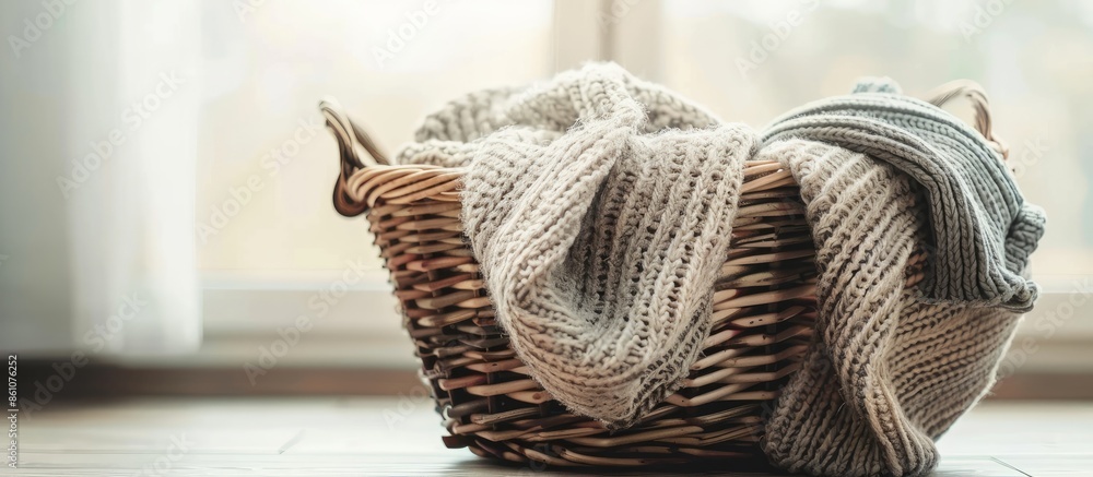 Poster Cozy blankets in the basket. with copy space image. Place for adding text or design