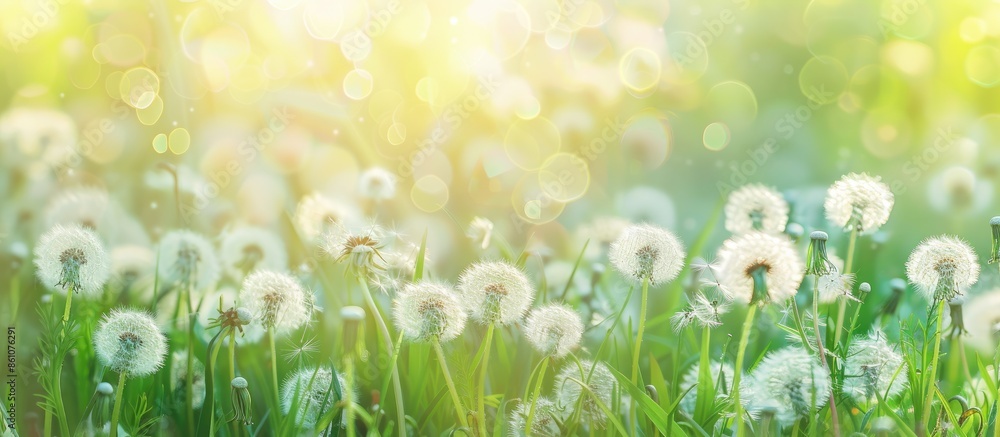 Aufkleber Dandelion flowers in the fresh green grass. pastel background. with copy space image. Place for adding text or design