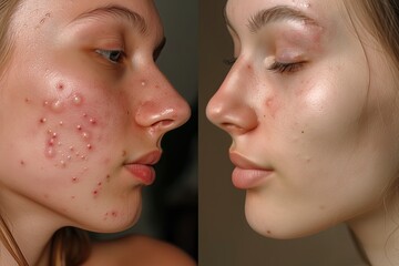 Obraz premium Closeup of a woman's face before and after using a cream for skincare. Skin treatment. No makeup. Allergy. Young girl's face skin with blemishes. Eczema. Skin care. Progress. Rash. Pimples on cheeks