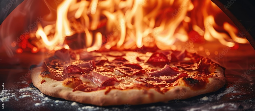 Aufkleber italian pizza with salami and fire flames in wood burning oven. with copy space image. place for add