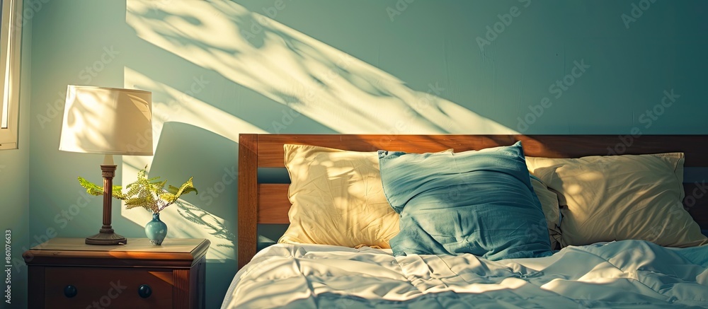 Aufkleber clean bed with headboard nightstand table and lamp with vintage beach theme decorative blue pillows 