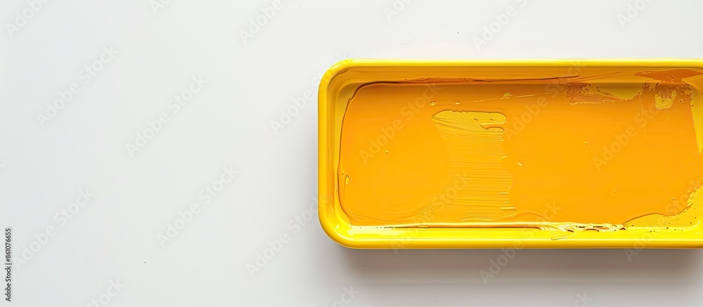 Poster yellow paint tray isolated over white. with copy space image. place for adding text or design