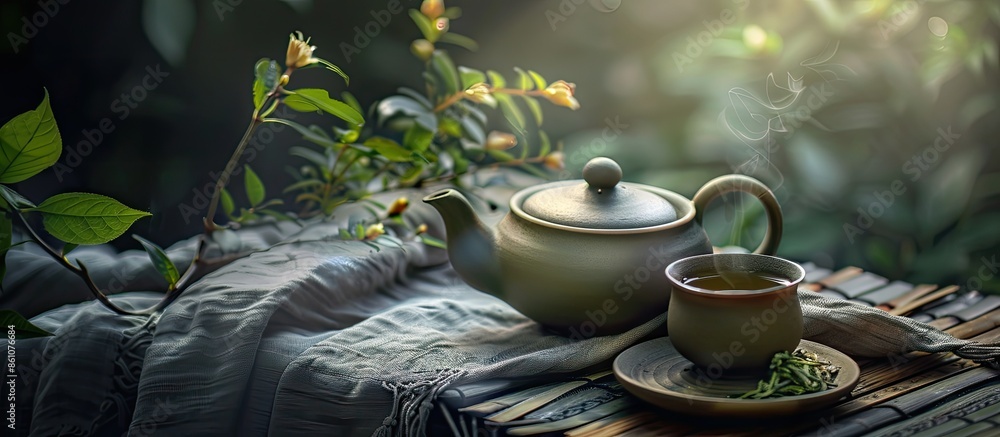 Poster craft handmade ceramic teapot kettle with cup of hot green tea for tea ceremony standing on linen ta