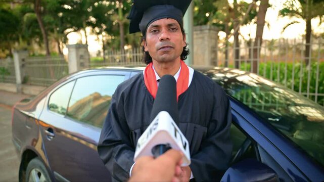 Collage student giving interview on street