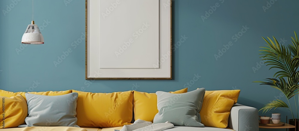 Fototapete cosy sofa with pillows and blank frame above. with copy space image. place for adding text or design