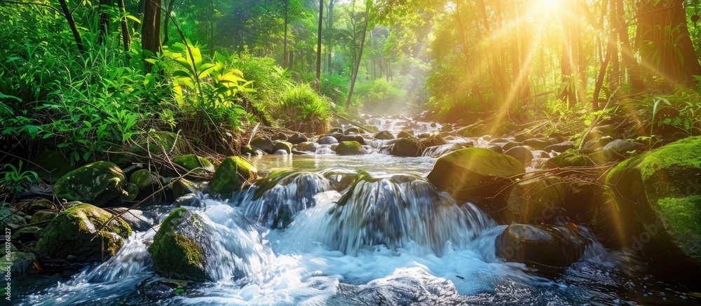 Poster spring forest nature landscape, beautiful spring stream, river rocks in mountain forest. copy space 