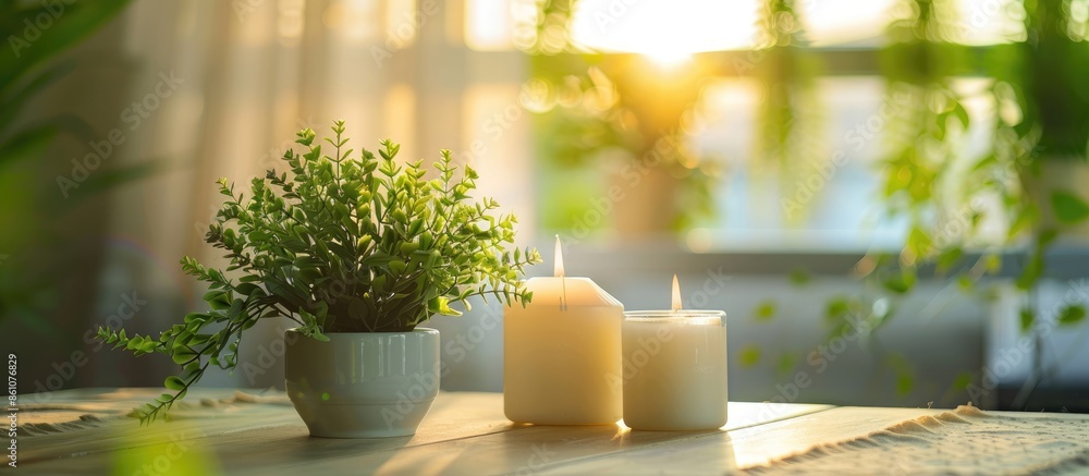 Aufkleber Table decoration with  plant and candles. with copy space image. Place for adding text or design