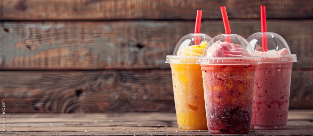 Poster sweet smoothie in plastic cups on wooden table. copy space image. place for adding text or design