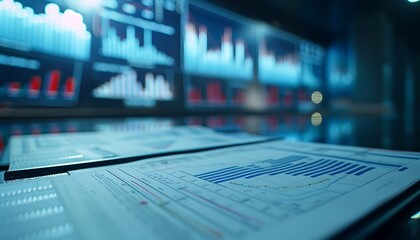 Financial Data Analysis on a Desk in a Dark Office