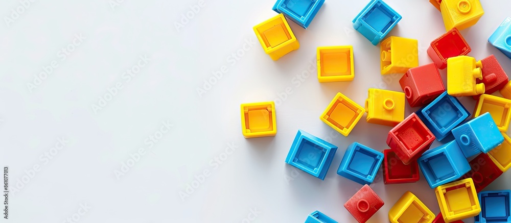 Poster pile plastic toy blocks on white background. Copy space image. Place for adding text or design