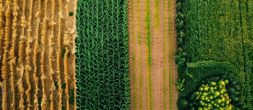 Poster Aerial image of agricultural test plots with different sorts of cereal crops, hybrids, shoot from drone. with copy space image. Place for adding text or design
