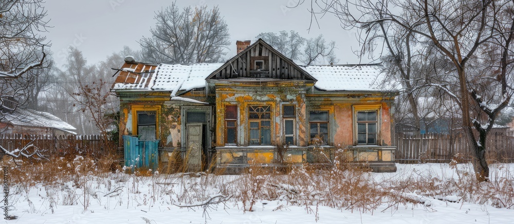 Aufkleber abandoned house. the old structure of kindergarten. winter on the abandoned buildings. with copy spa