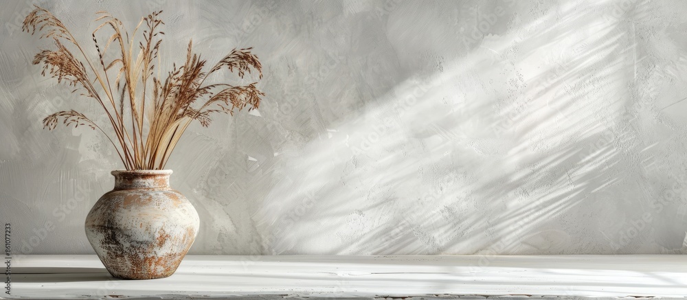 Aufkleber vase with dry grass on a white table on a gray background. with copy space image. Place for adding text or design