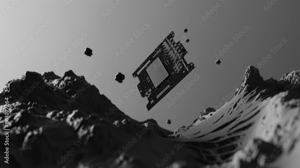 Poster falling microchips in mid-air on grey background. digital artwork and abstract image of black comput