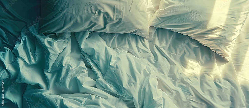Poster Bed sheet pillows and blanket messed up in the morning. with copy space image. Place for adding text or design