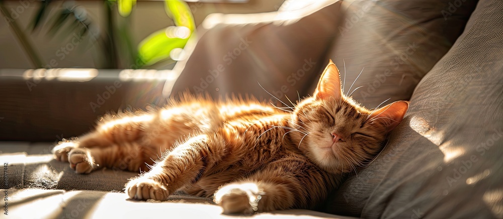 Poster Fluffy red domestic cat sleeping in the sunlight on the sofa. with copy space image. Place for adding text or design