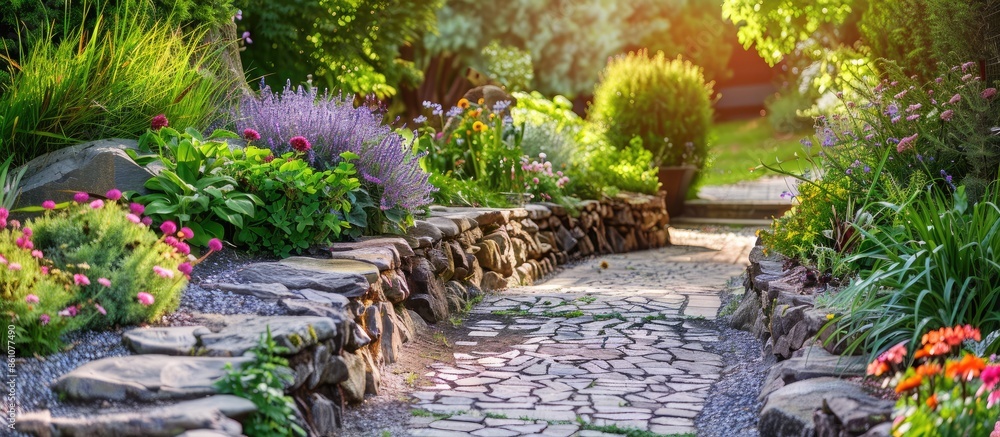 Poster Landscaping in the garden. The path in the garden. with copy space image. Place for adding text or design