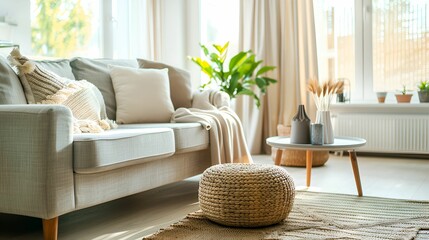 A cozy and bright living room with a light grey sofa, woven pouf, and minimalist decor, bathed in natural sunlight.