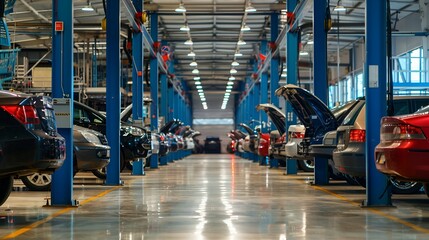 A spacious and organized auto repair shop with multiple cars undergoing maintenance and repair.