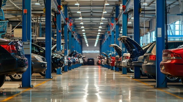 A spacious and organized auto repair shop with multiple cars undergoing maintenance and repair.