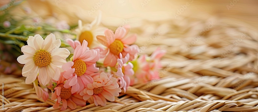 Poster Beautiful artificial flower on the wicker table. with copy space image. Place for adding text or design