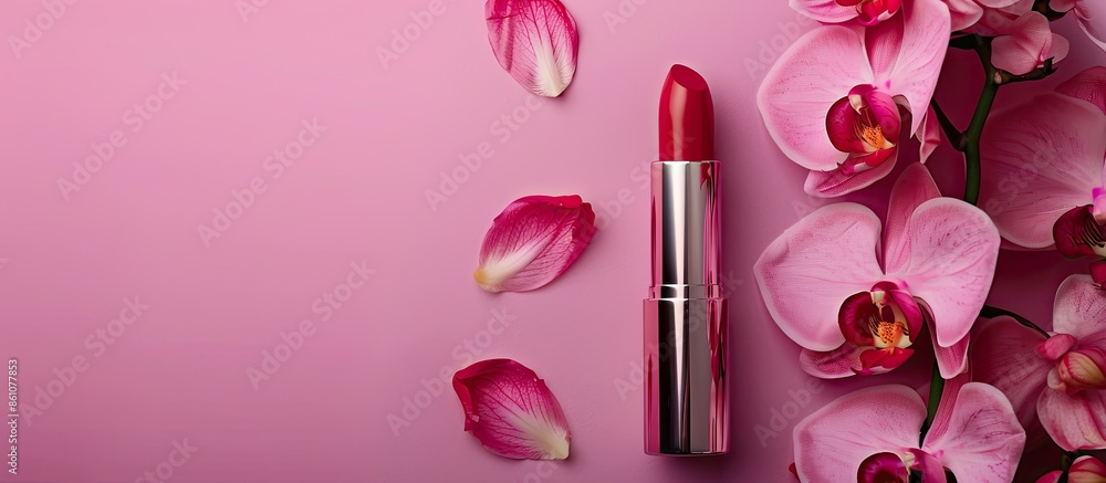 Poster Orchid flower and lipstick pastel background Flower. with copy space image. Place for adding text or design