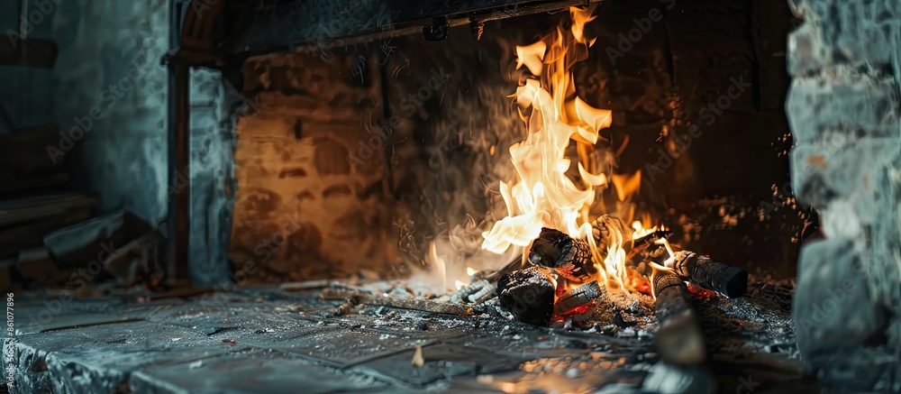 Leinwandbilder bright flame of fire burns in old fireplace. with copy space image. place for adding text or design