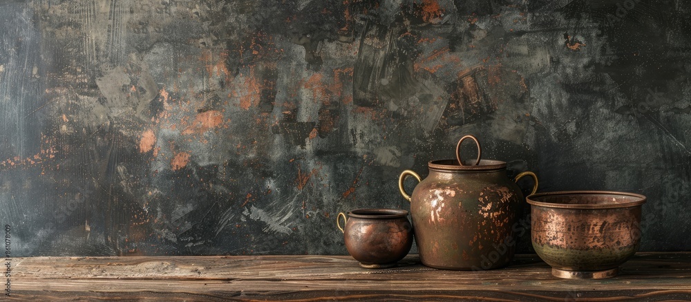 Poster Old copper pots. with copy space image. Place for adding text or design