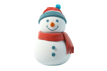 Fototapeta premium Cute 3D render of a snowman with a red hat and scarf, smiling warmly with button eyes and carrot nose on a white background. Isolated on transparent background.