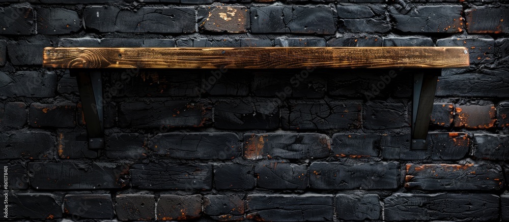 Poster wooden shelf over dark brick wall background pastel background. with copy space image. place for add