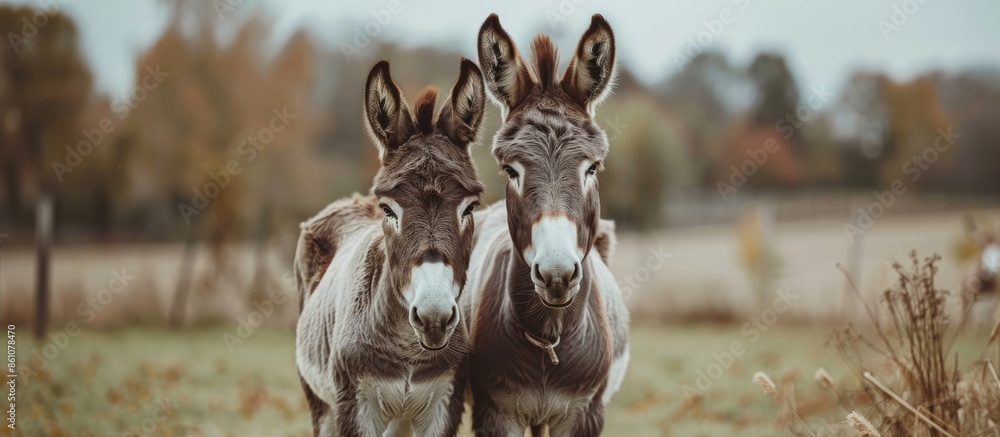 Poster Two donkeys on farm. Little donkey. Animals in the yard in paddock. Livestock. Animal breeding. Front view. Soft focus. Copy space image. Place for adding text or design