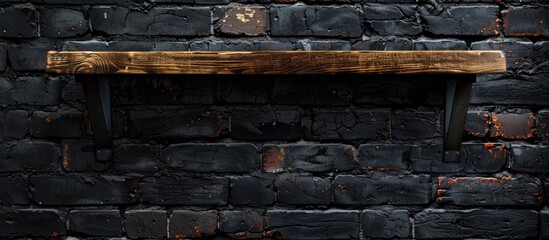 Wooden shelf over dark brick wall background pastel background. with copy space image. Place for adding text or design