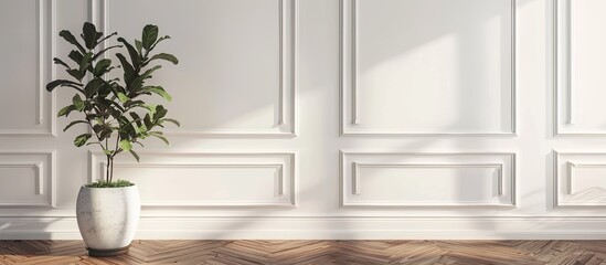 White classic wall background, brown parquet floor, home furniture detail, frame and vase of plant. Copy space image. Place for adding text or design
