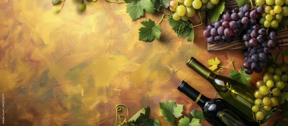 Aufkleber grapes on vine with leaves with empty wine bottles sitting on wooden plank with an isolated pastel b