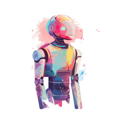 Fototapeta premium Vibrant digital art of a futuristic humanoid robot with colorful abstract patterns, highlighting technology and innovation. Isolated on transparent background.