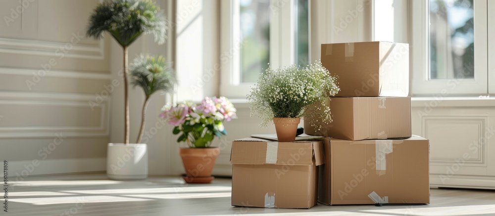 Poster pile of carton boxes with household stuff in light living room on moving day. near two flowers in po