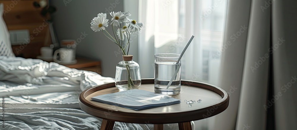 Aufkleber a glass of water with paper and pen on a side table next to a bed in a modern bedroom. with copy space image. Place for adding text or design