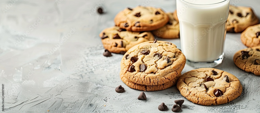 Poster group of homemade chocolatechip cookies on the cement table with glass of milk. pastel background. w