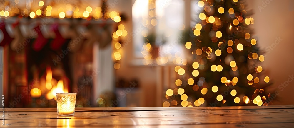 Poster blurred background of decorated glowing Christmas tree and fireplace. with copy space image. Place for adding text or design