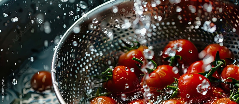 Poster Closeup of tomatoes in colander under running water in sink. with copy space image. Place for adding text or design