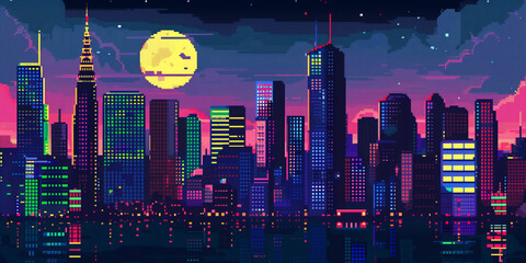 Pixel art retro wave. panorama of big city. wide banner. Space for text. neon cyberpunk digital 8 16 32 64 bit painting. poster, flyer, banner, email, header, social media post. Generative Ai content