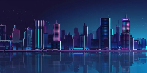 Pixel art retro wave. panorama of big city. wide banner. Space for text. neon cyberpunk digital 8 16 32 64 bit painting. poster, flyer, banner, email, header, social media post. Generative Ai content